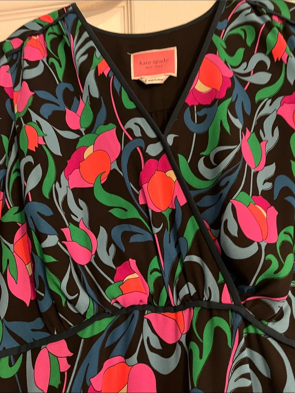 kate spade Black Floral Print Wrap-Style Dress with Pink & Green Accents